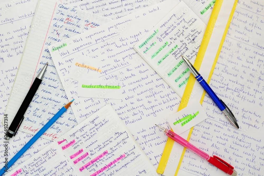English paper being marked by hand.