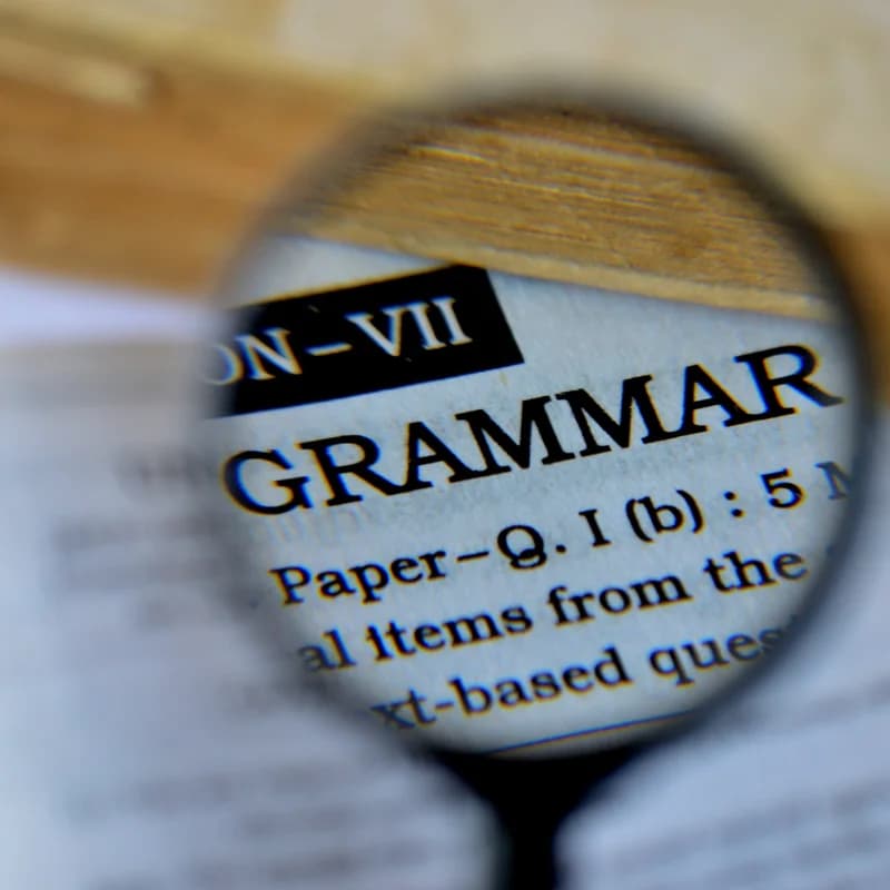 Grammar — a dictionary page viewed through a magnifying glass.